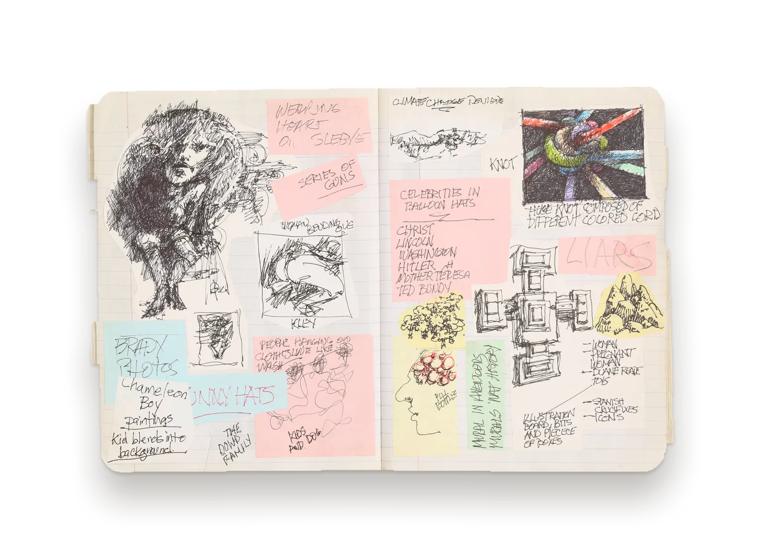Journal spread: an ink drawing of a woman's head beside pink and blue Post-it notes listing ideas