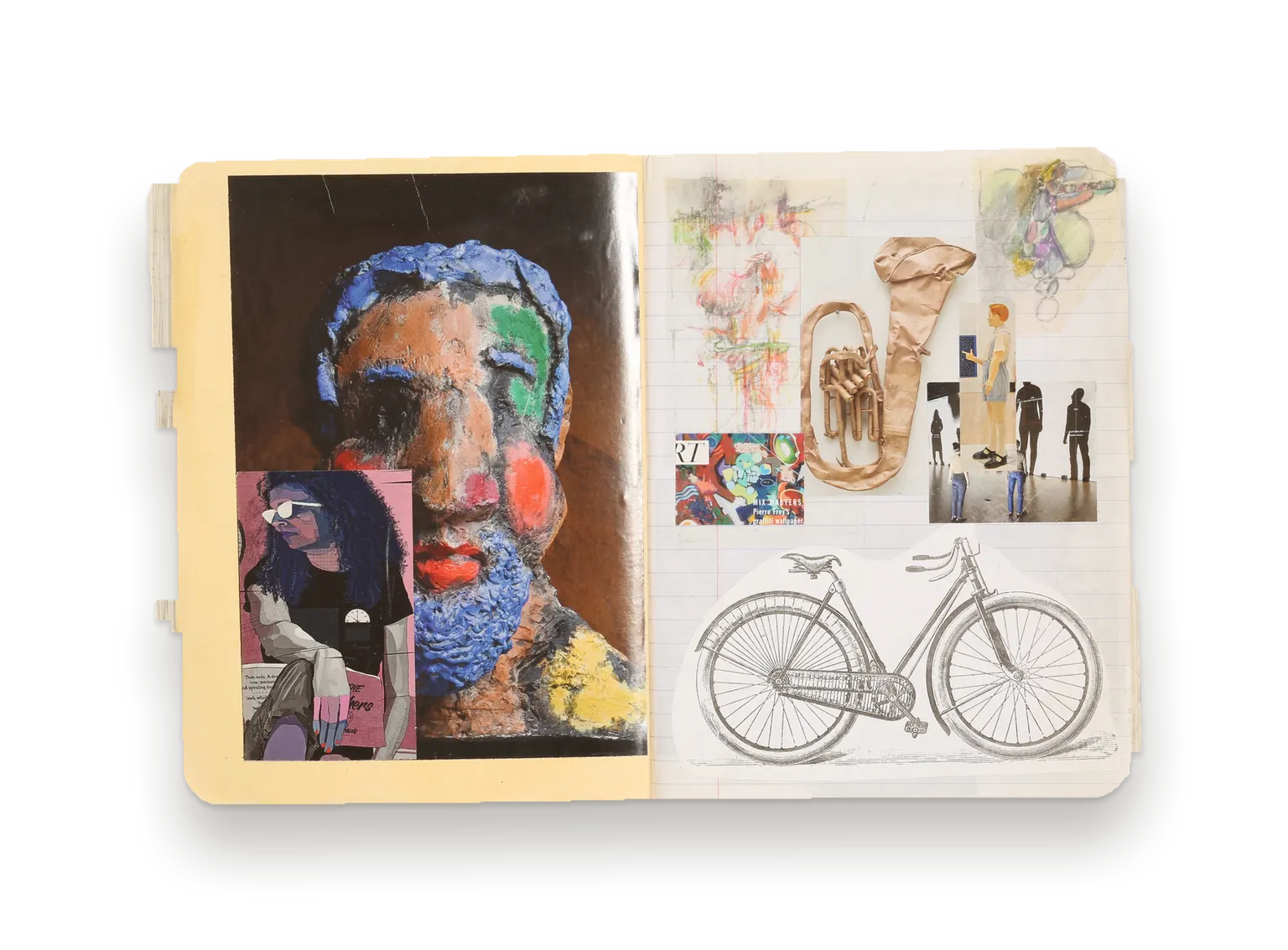 Journal spread: a painted collaged head facing a pencil drawing of a bicycle