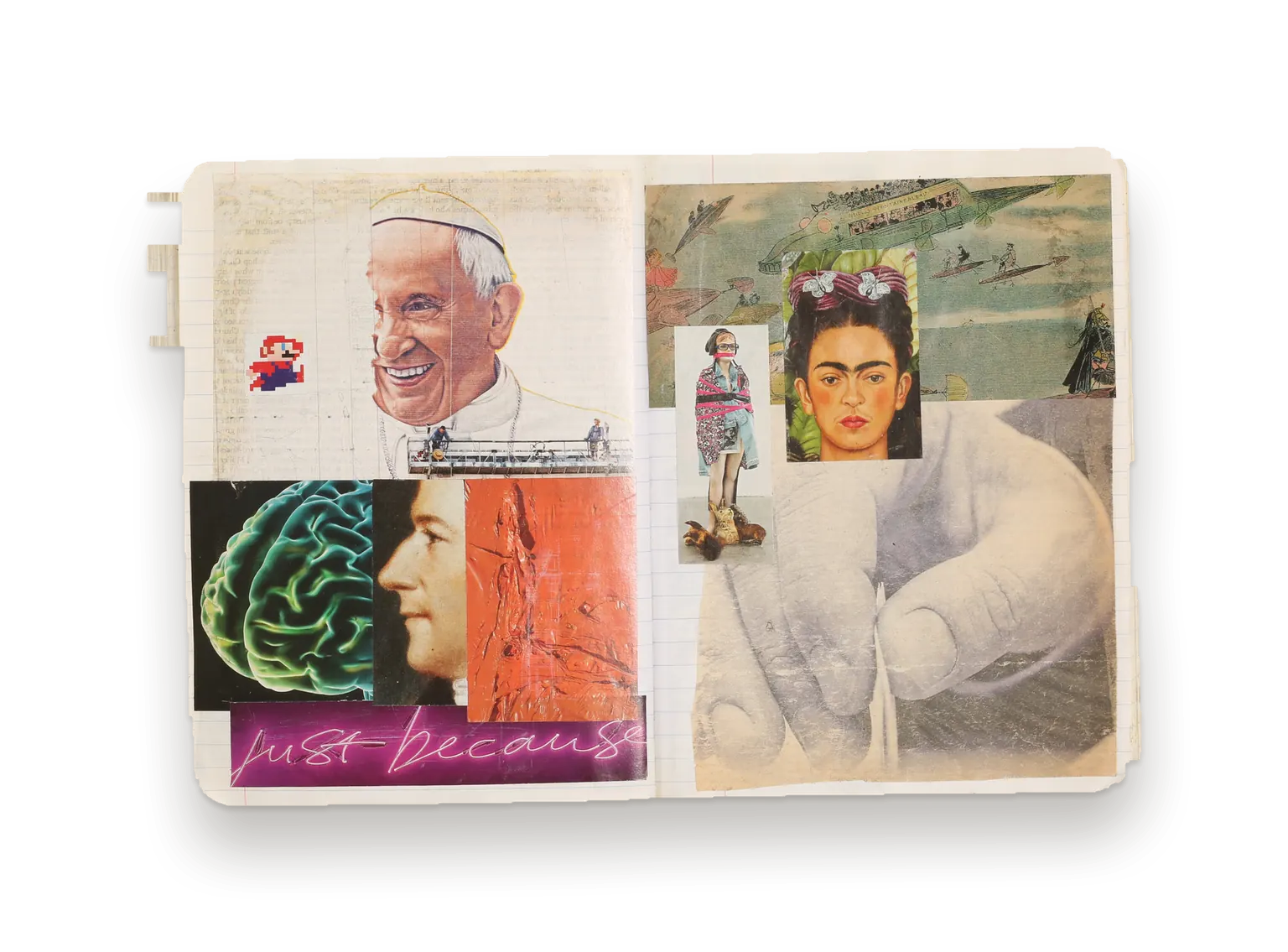 Journal spread: photocopied portraits — a pope, Frida Kahlo, and a brain in profile