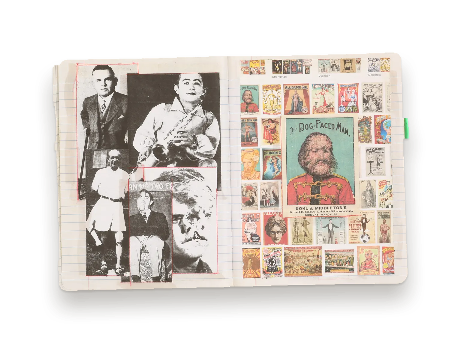 Journal spread: black-and-white photographs facing a grid of dime-museum and sideshow posters