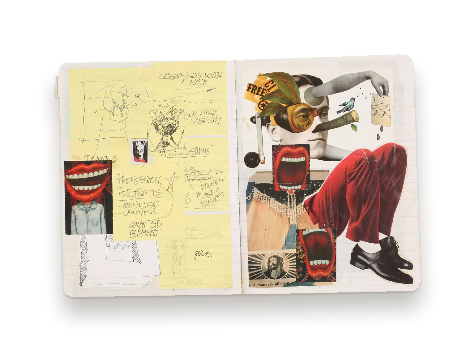 Journal spread: pages of yellow notepaper facing a collaged figure in red trousers