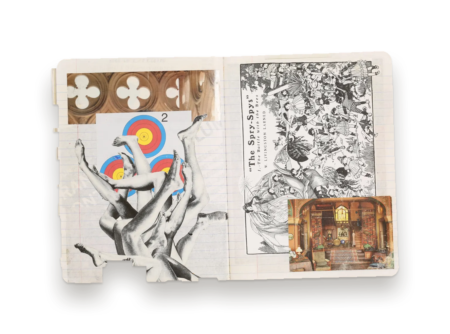 Journal spread: a printed target and clasped hands facing an illustrated book cover