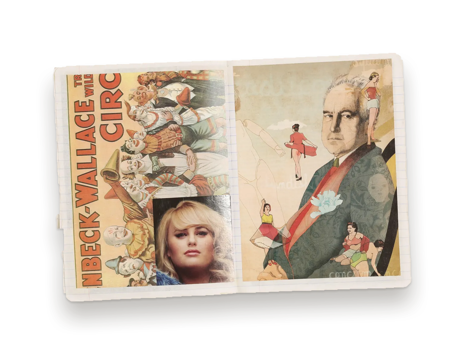 Journal spread: circus posters and painted figures