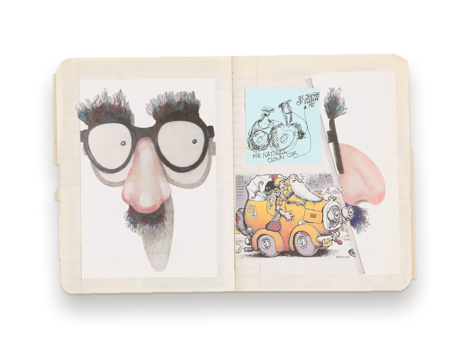 Journal spread: a drawing of novelty glasses facing a cartoon clown car