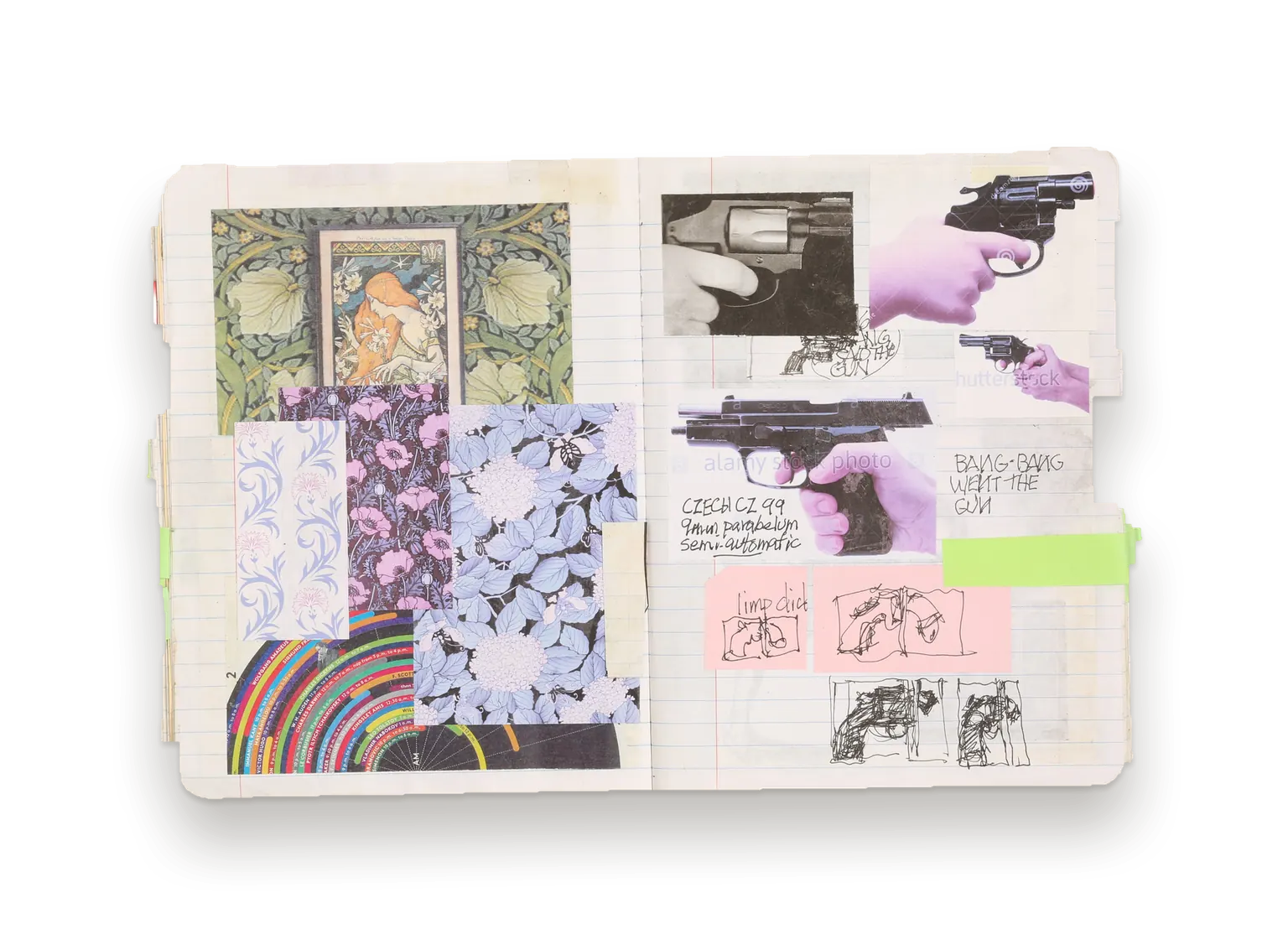 Journal spread: floral pattern swatches facing photographs of hands holding pistols