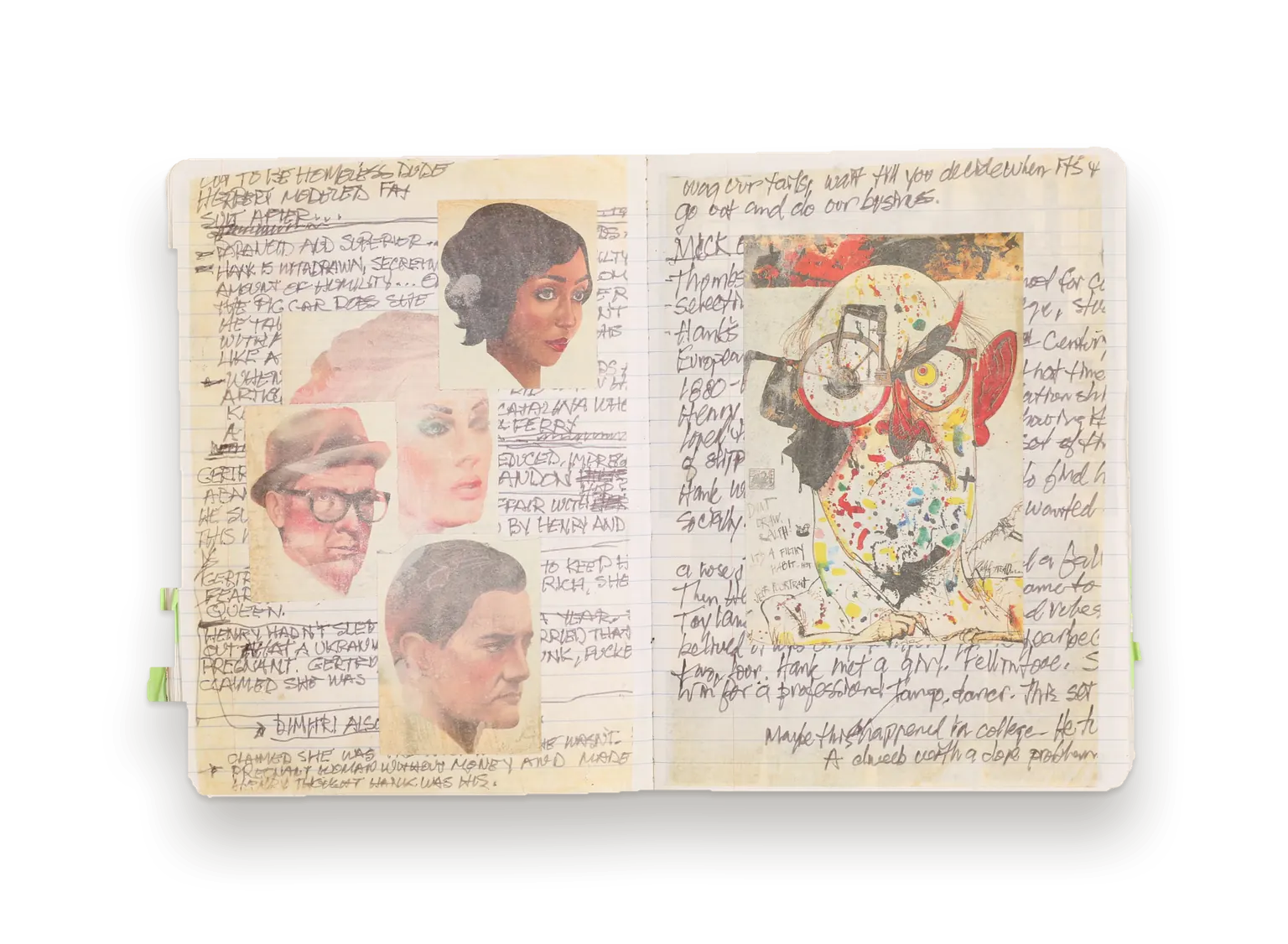 Journal spread: densely handwritten pages with portrait sketches