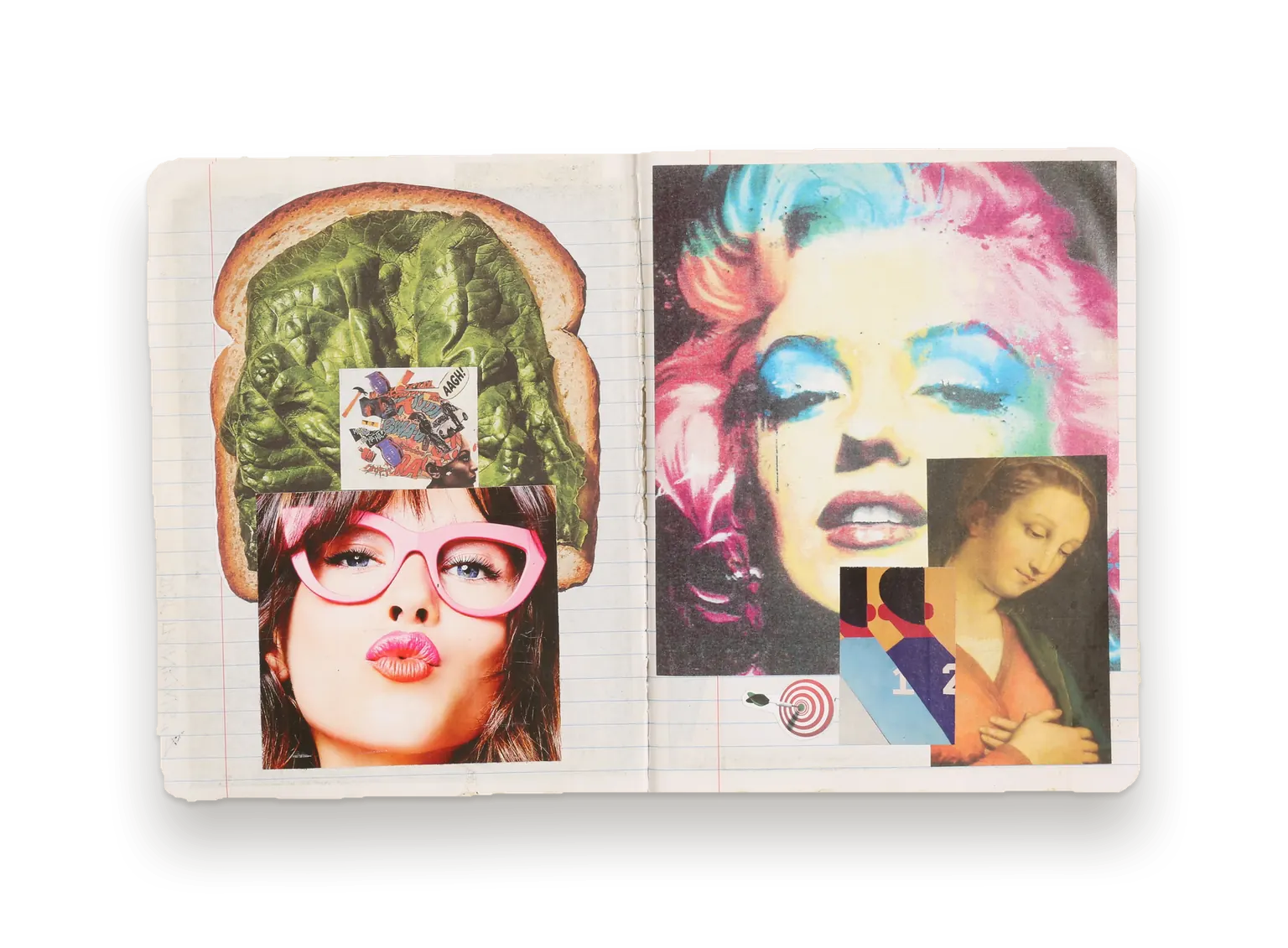 Journal spread: a sandwich-headed portrait facing a screenprinted face in pink and blue
