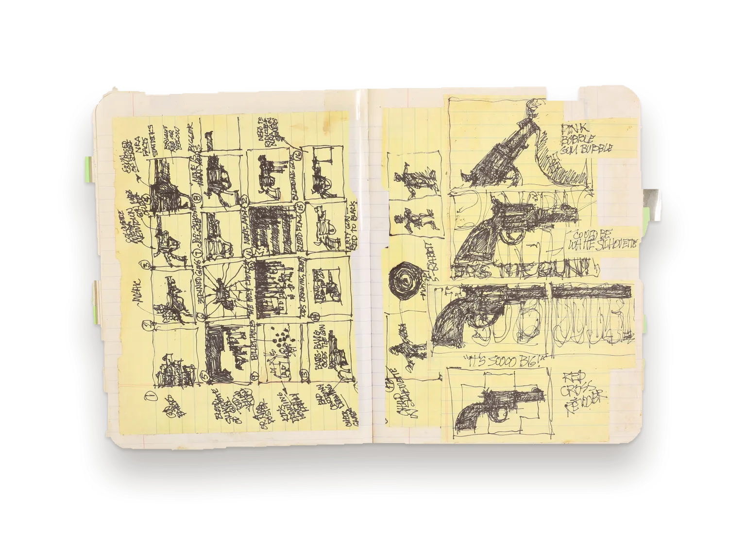 Journal spread: ballpoint storyboard panels on yellow paper