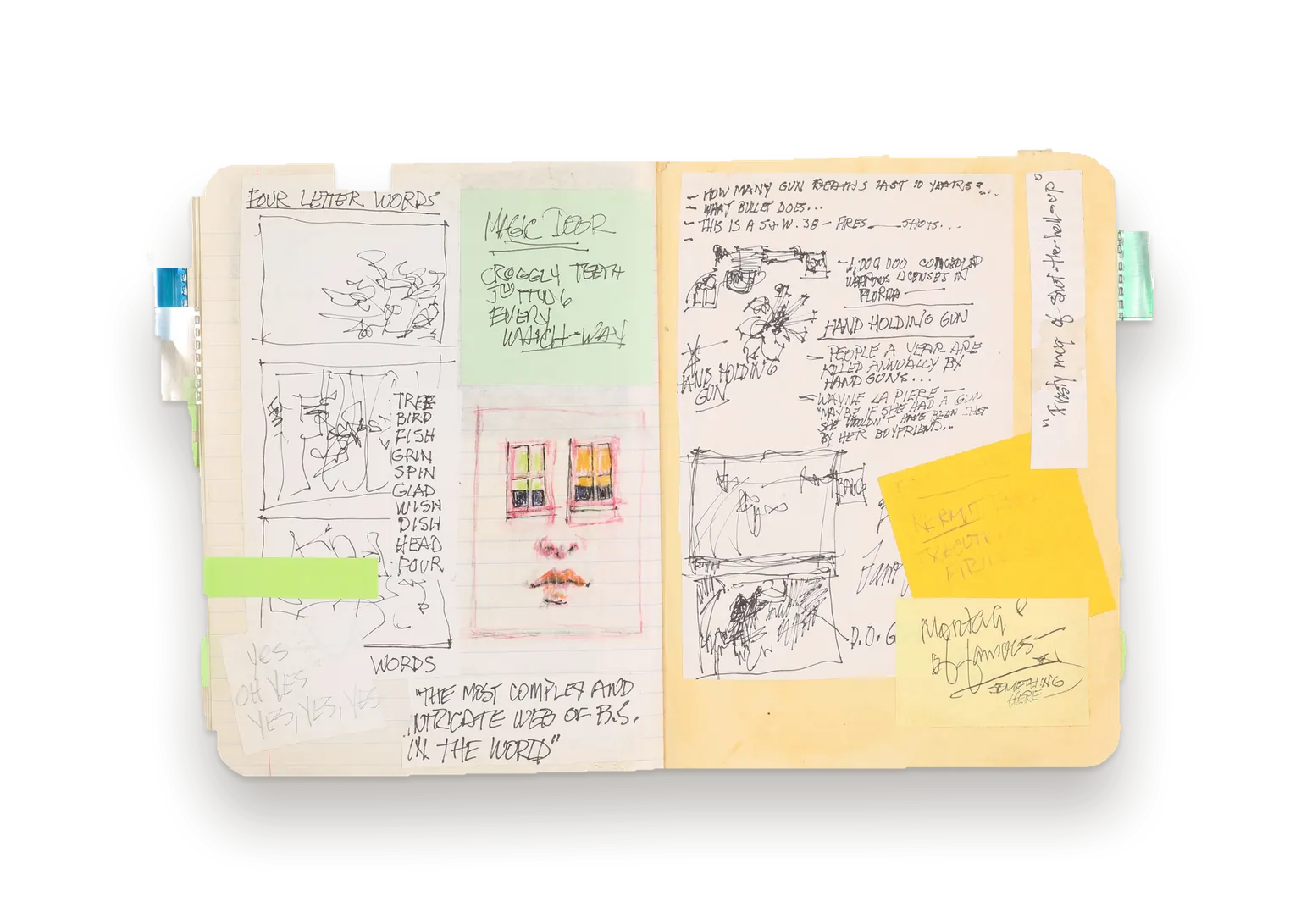 Journal spread: word lists and taped notes on green and yellow paper